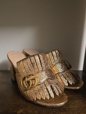 Gucci Metallic Gold Fringed Leather Mules with Double G